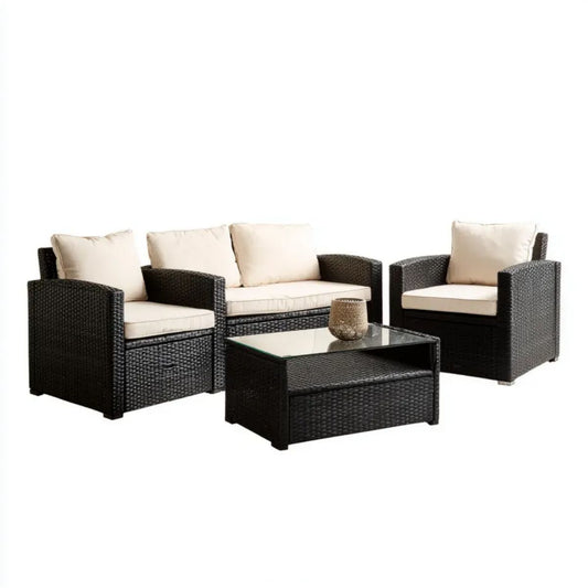 4-częściowy zestaw mebli ogrodowych z technorattanu, czarny/kremowy, sofa 124 × 65 × 73 cm