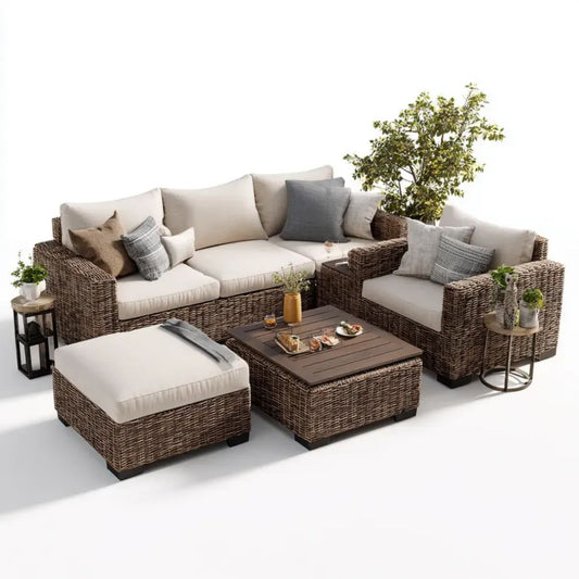 Ogrodowy zestaw wypoczynkowy z technorattanu brązowy/kremowy – sofa 3-osobowa 210 x 85 cm, fotel, pufa i stolik 110 x 60 cm