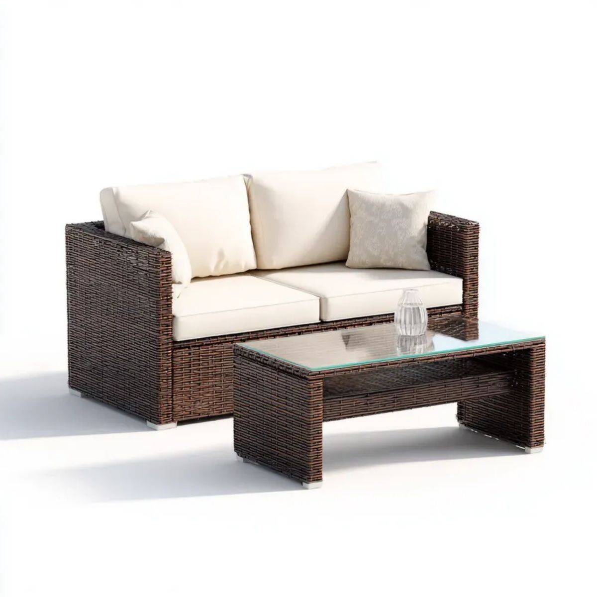 Zestaw mebli ogrodowych z technorattanu – sofa 2-osobowa 124 × 70 × 70 cm i stolik ze szklanym blatem 100 × 60 × 45 cm, brązowo-kremowy
