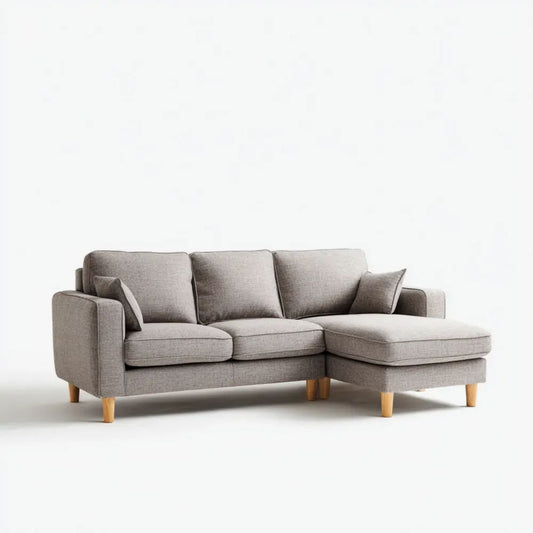 Szara sofa narożna z prawostronnym szezlongiem, tapicerka poliestrowa, 220 × 150 × 85 cm