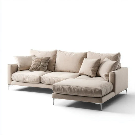 Beżowa sofa narożna w kształcie L z szezlongiem, welurowa, 280 × 170 × 85 cm