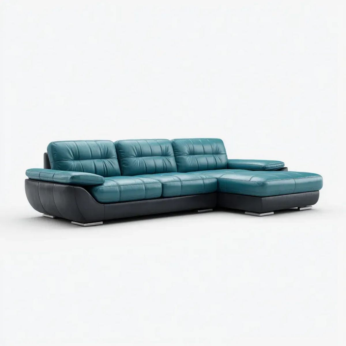 Turkusowo-czarna sofa narożna z prawostronnym szezlongiem, tapicerowana PU, 285 x 170 x 90 cm