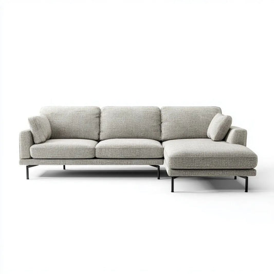 Prawostronna sofa narożna z szezlongiem, tapicerka poliestrowa, jasnoszara/czarna, 280 x 160 x 85 cm
