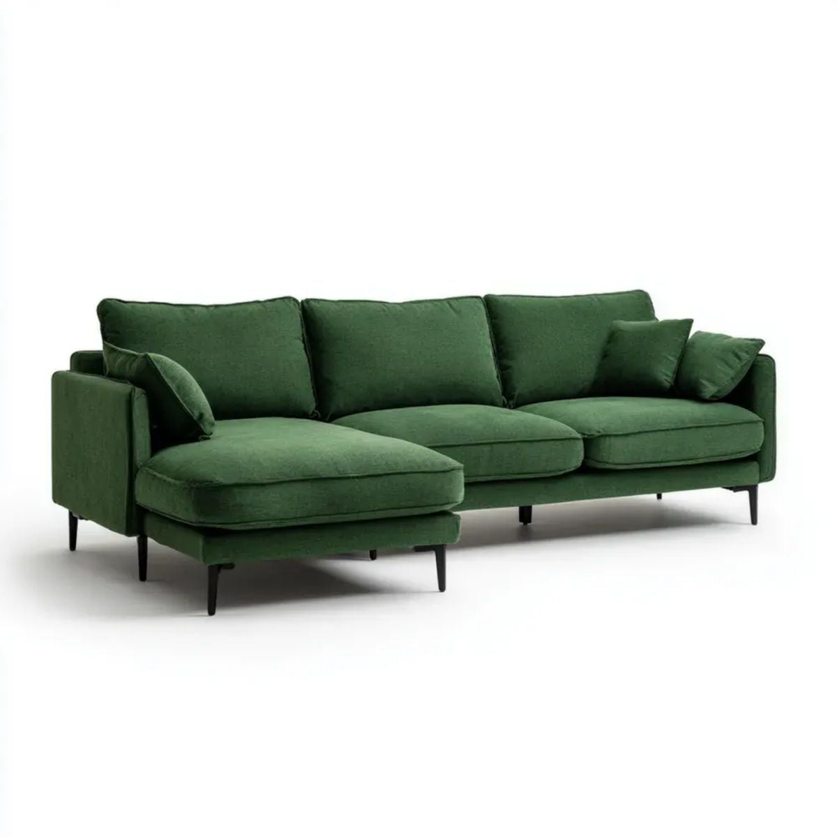 Zielona sofa narożna z lewostronnym szezlongiem z aksamitu poliestrowego, 290 × 165 × 85 cm