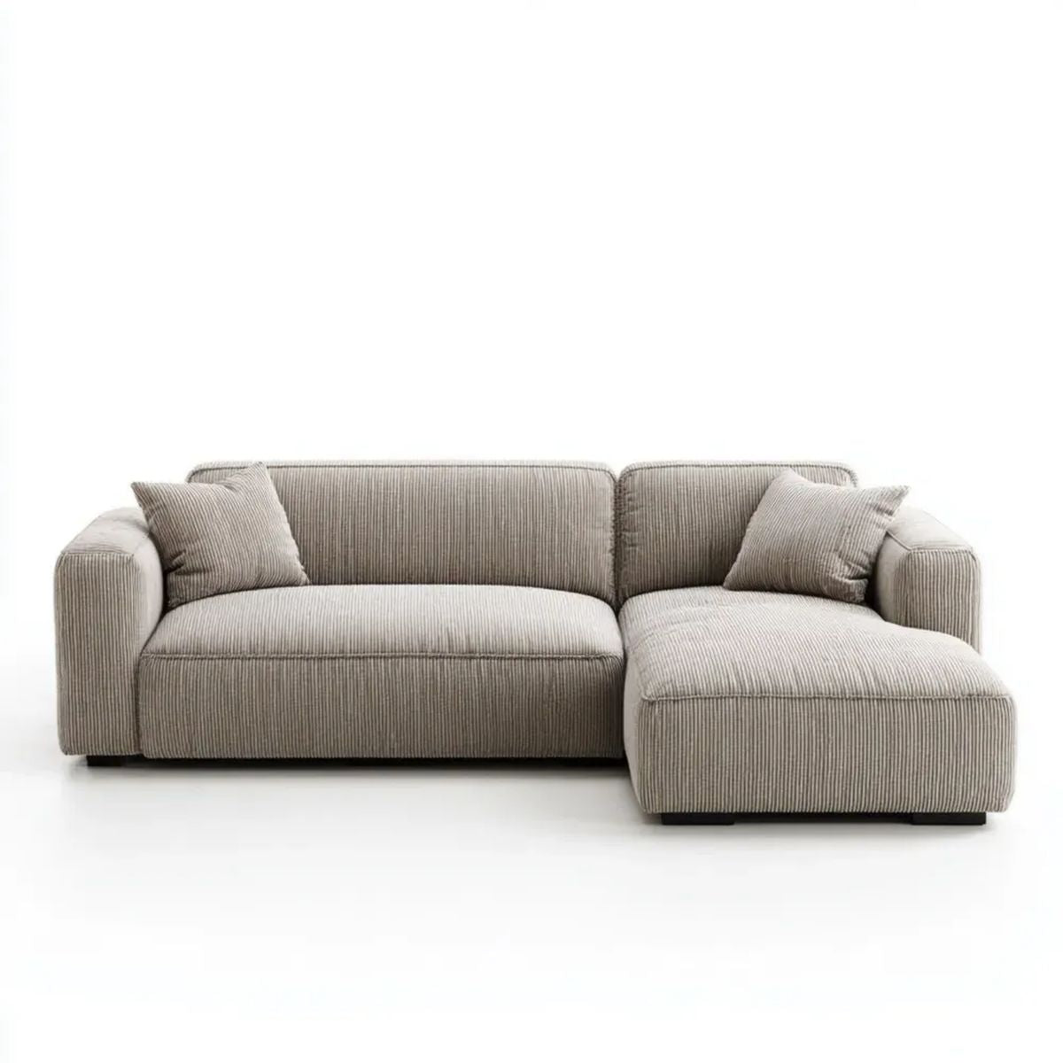 Beżowa sofa narożna prawostronna z szezlongiem, prążkowana tapicerka, 260 x 160 x 85 cm