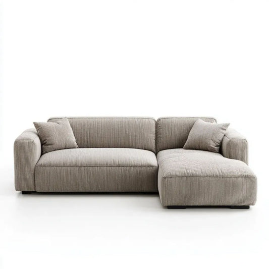 Beżowa sofa narożna prawostronna z szezlongiem, prążkowana tapicerka, 260 x 160 x 85 cm