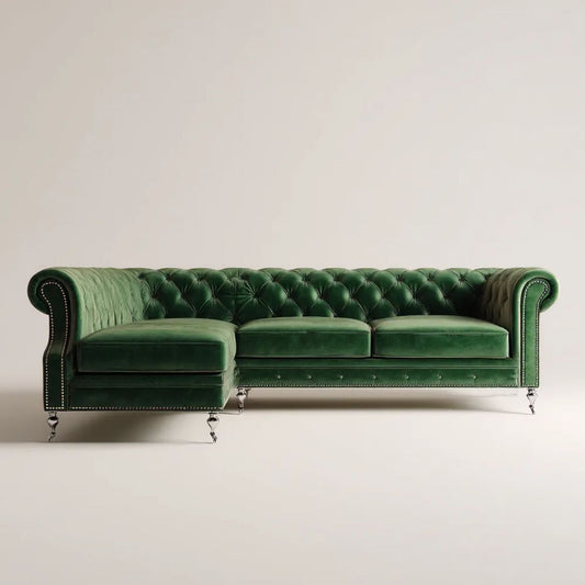 Lewostronna sofa narożna Chesterfield z tapicerką z tkaniny, ciemnozielona, 285 × 165 × 78 cm